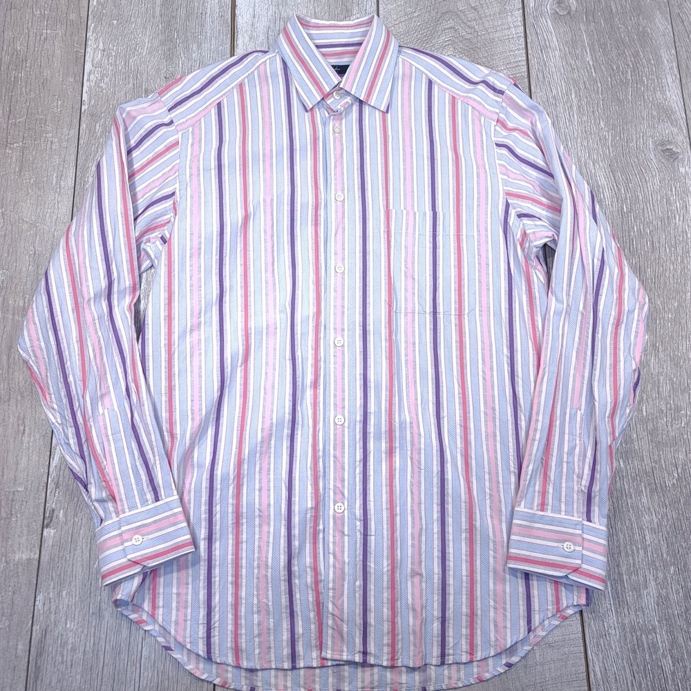 Zegna Sport Button Shirt Mens Medium Multi-Color Striped Long Sleeve Cotton